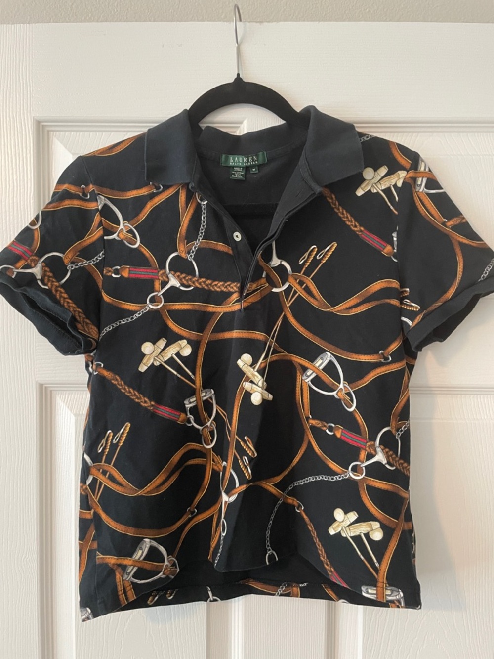 Polo by Ralph Lauren Black Polo with Brown & Gold Equestrian Strap Print Size M
